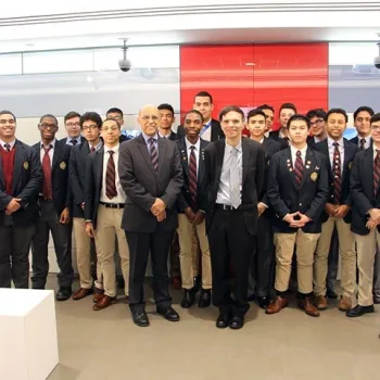 U.S. Court of Appeals Judge Robert A. Katzmann, center-right, and U.S. District Judge Victor Marrero, center-left, pose for a picture with high school students at the learning center in New York.